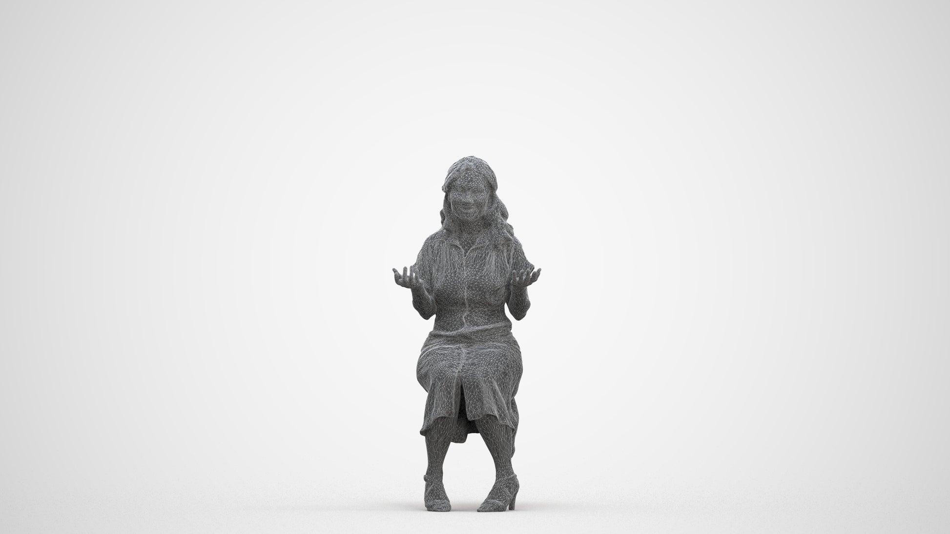 3D human model woman casual sitting, photogrammetry scanned person for archviz, three-quarter front view render