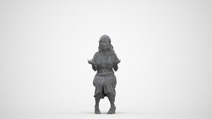 3D human model woman casual sitting, photogrammetry scanned person for archviz, three-quarter front view render