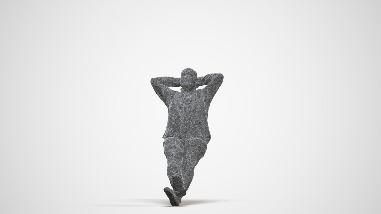 3D human model senior man casual sitting, photogrammetry scanned person for archviz, three-quarter front view render