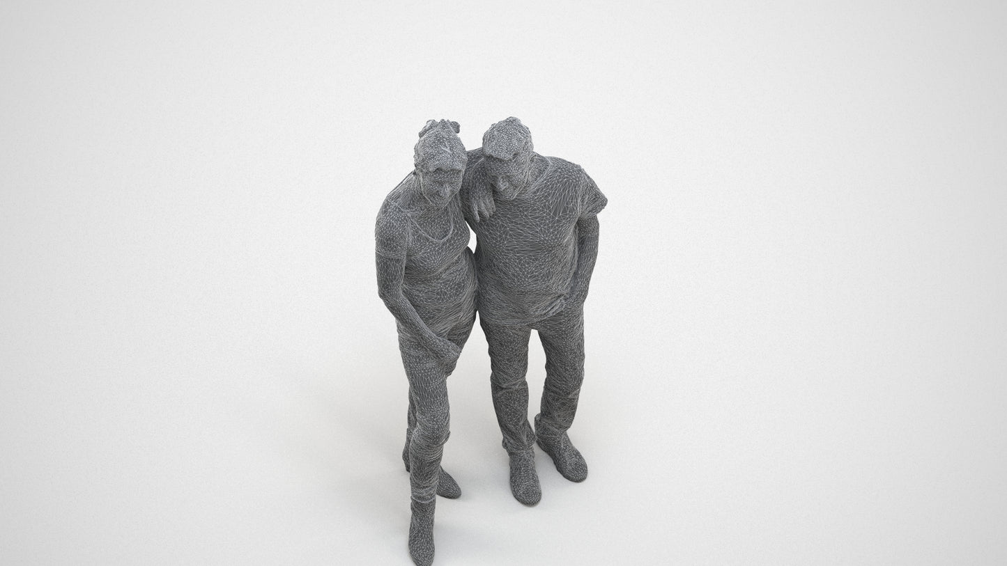 realistic 3D senior woman casual standing, scanned archviz people for Blender and 3ds Max, wireframe three-quarter view