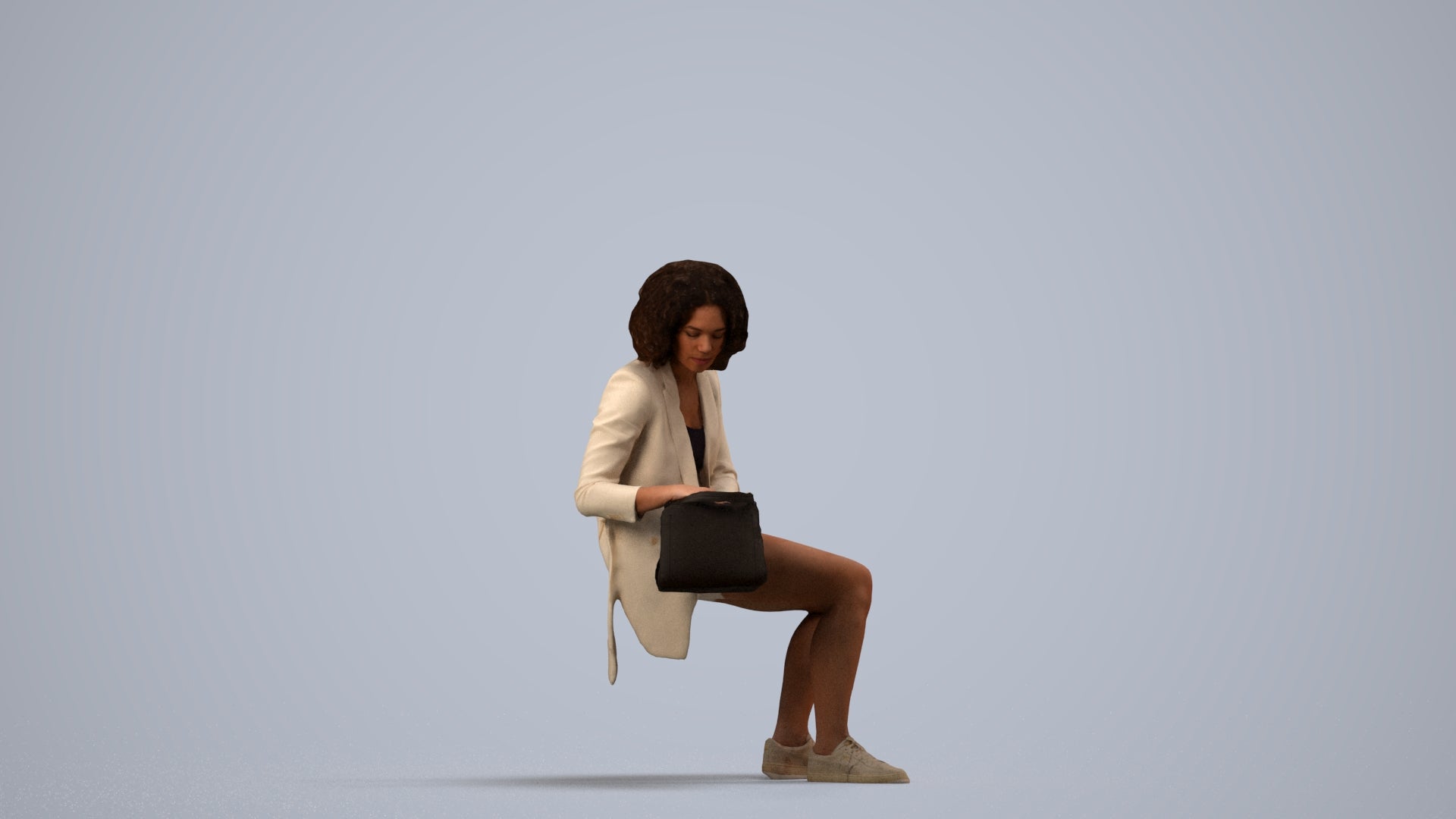 3D people model woman business sitting, scanned human for 3ds Max rendering, side view render