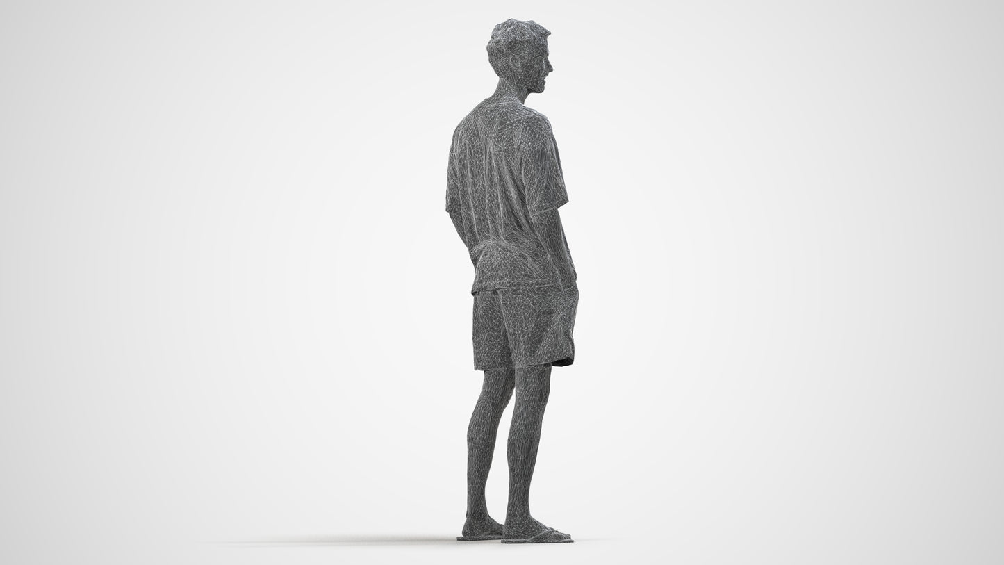 3D human model man casual standing, photogrammetry scanned person for archviz, wireframe side view