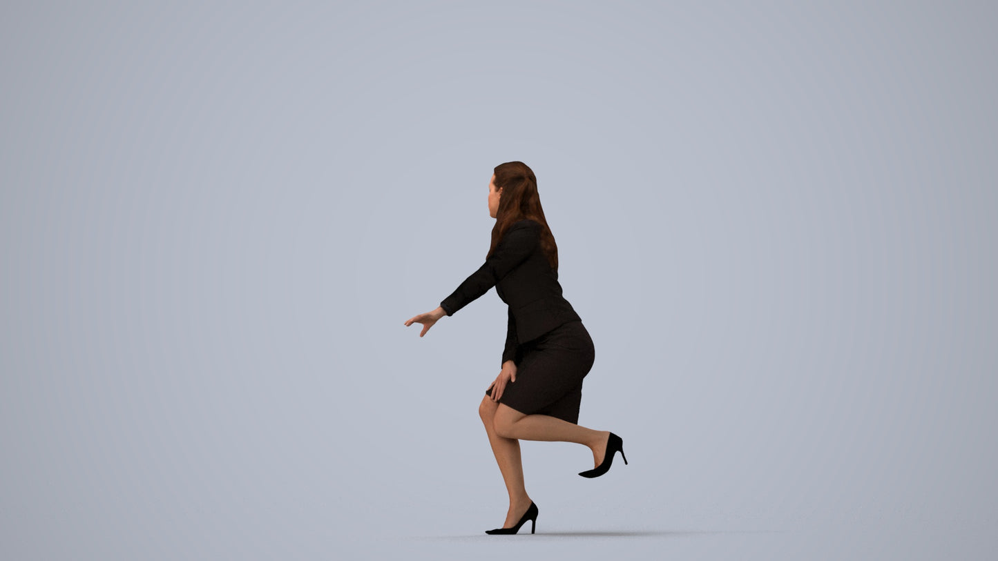 3D human model woman business sitting, photogrammetry scanned person for archviz, three-quarter view render