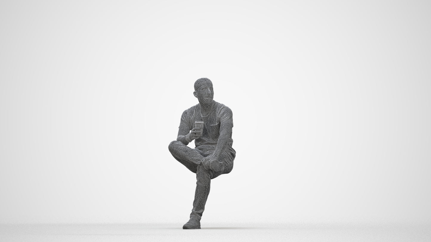 realistic 3D people man casual sitting, render-ready for V-Ray and Corona, FBX OBJ, wireframe back view