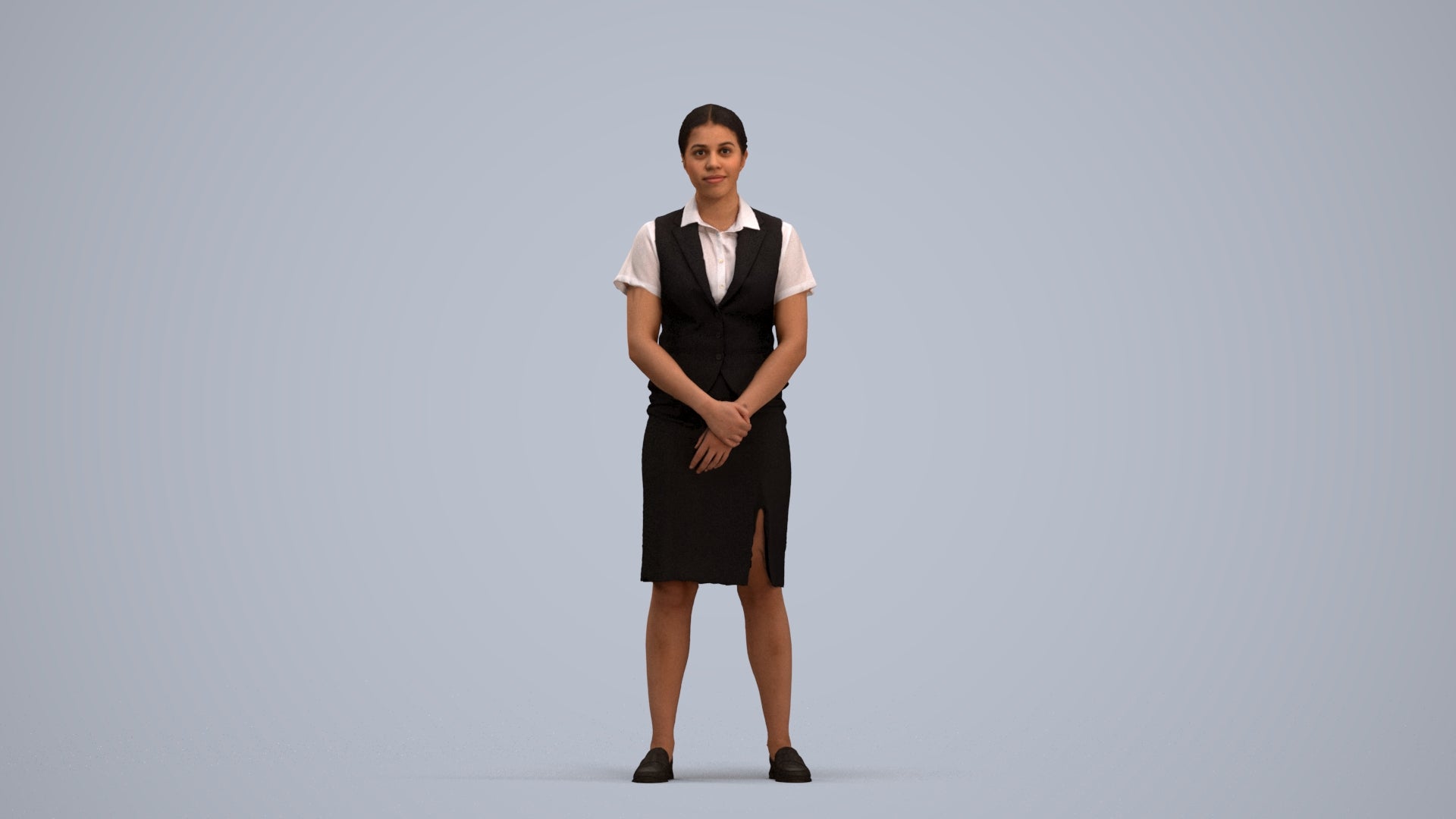 3D scanned woman hospitality, photorealistic archviz people for Enscape and SketchUp, standing pose render