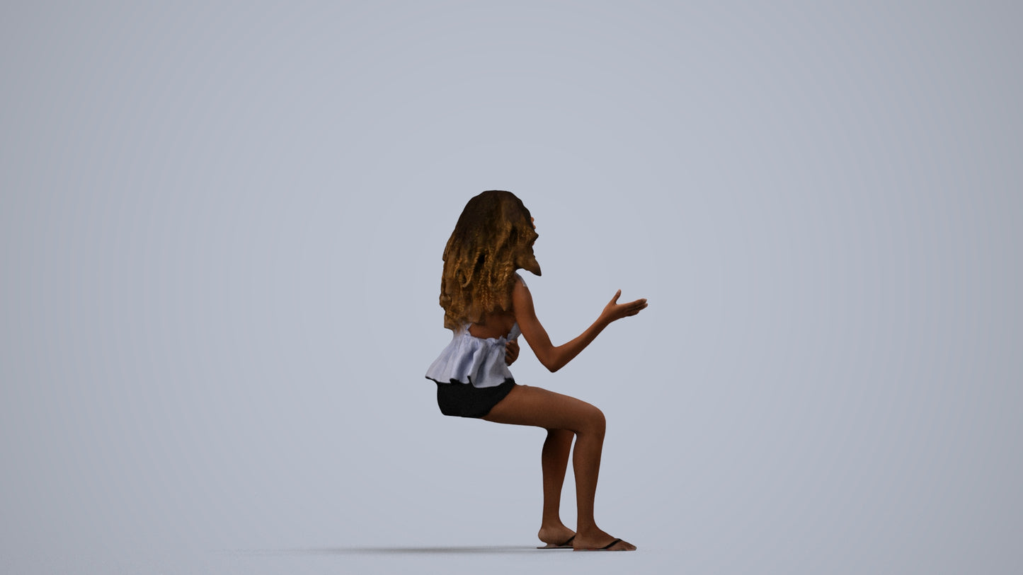 scanned 3D woman casual sitting, photogrammetry people for Enscape and V-Ray, side view render