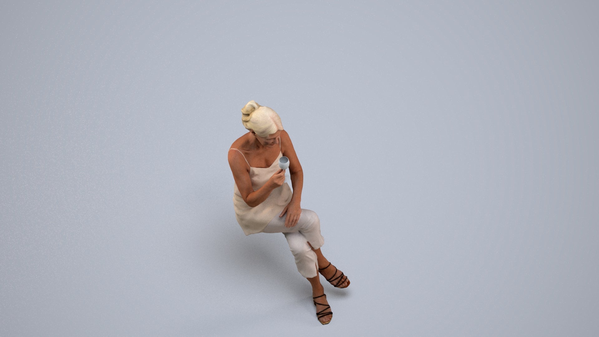 scanned 3D senior woman casual sitting, photogrammetry people for Enscape and V-Ray, back view render