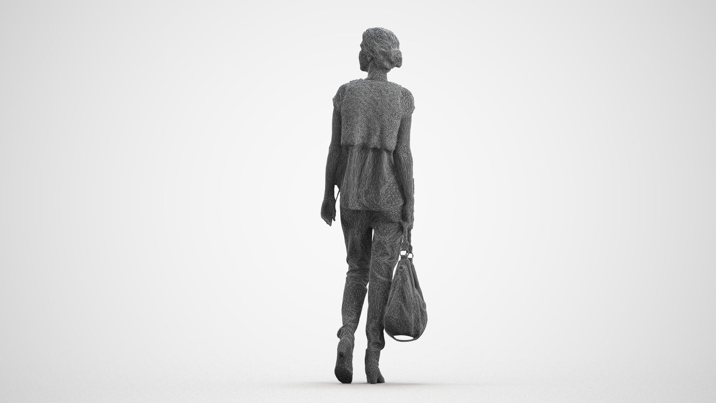 3D scanned woman standing casual, photorealistic archviz people for Enscape and SketchUp, wireframe front view
