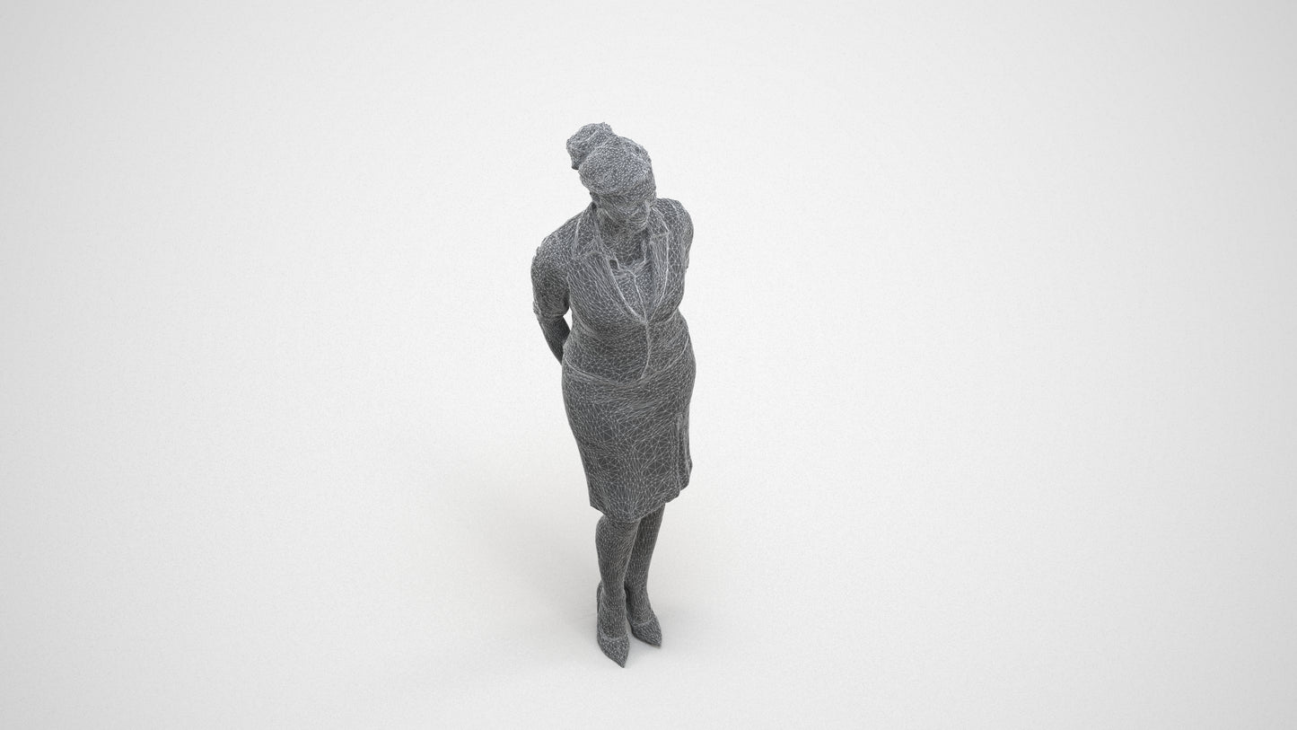 realistic 3D people woman hospitality, render-ready for V-Ray and Corona, FBX OBJ, wireframe three-quarter view