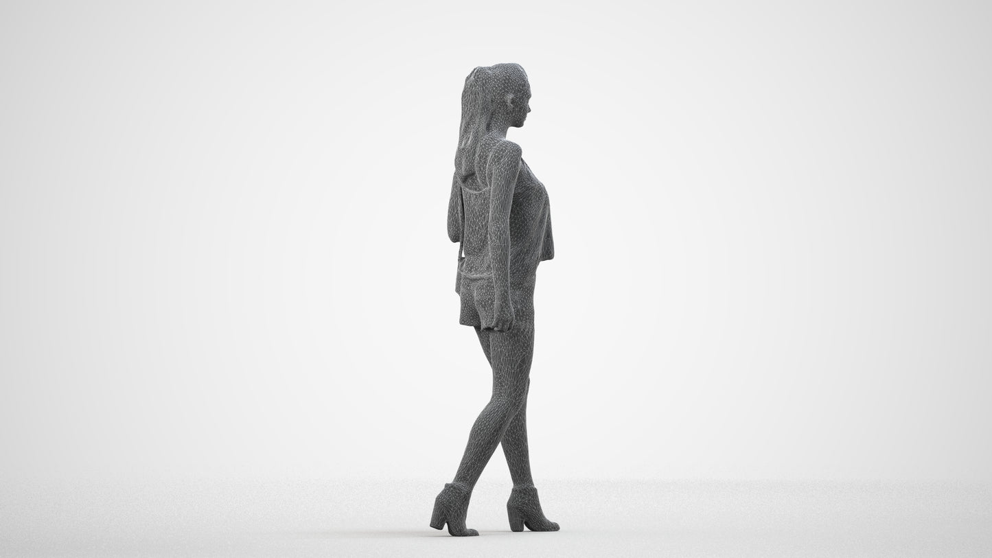 realistic 3D people girl casual walking, render-ready for V-Ray and Corona, FBX OBJ, wireframe side view
