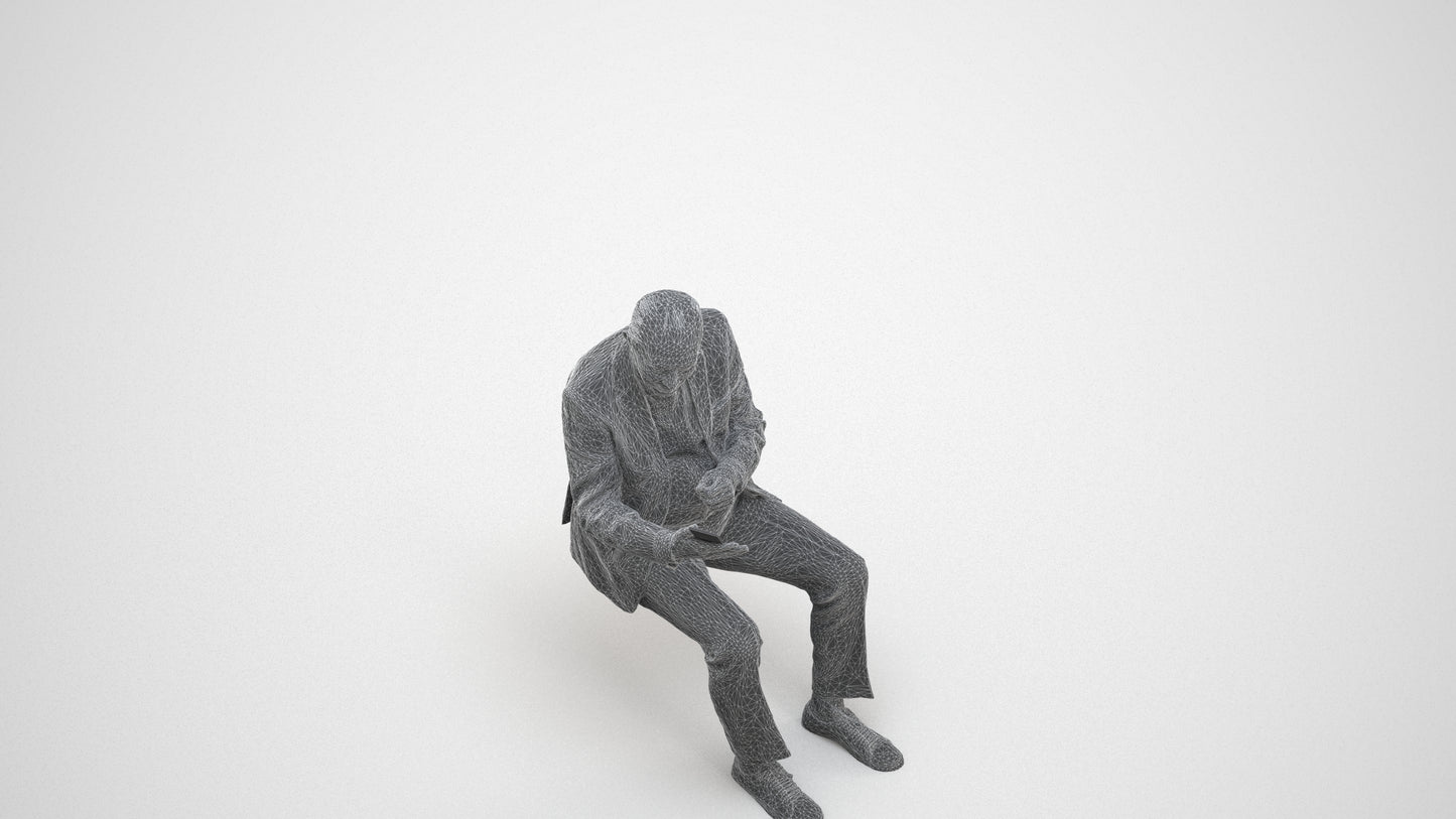 realistic 3D senior man business sitting, scanned archviz people for Blender and 3ds Max, wireframe three-quarter view