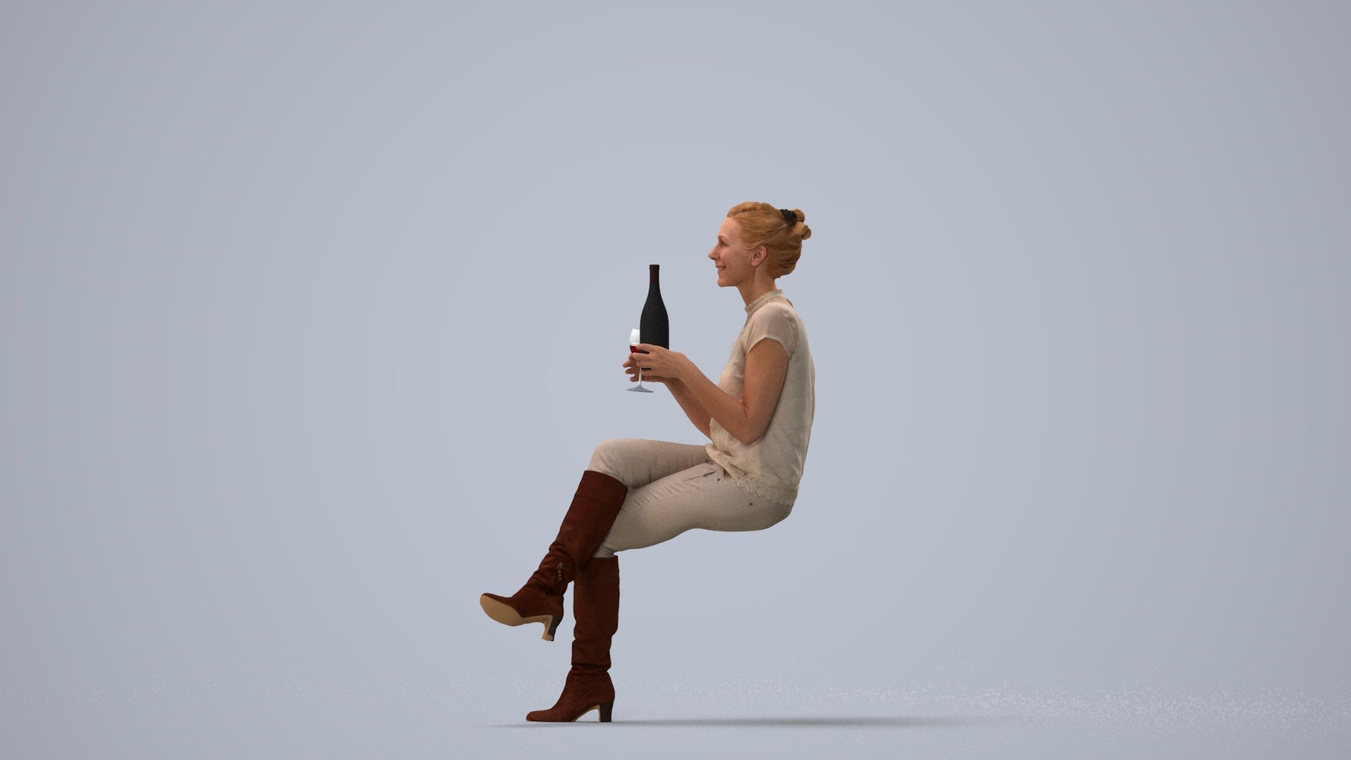 3D human model woman casual sitting, photogrammetry scanned person for archviz, three-quarter view render