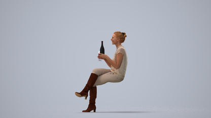 3D human model woman casual sitting, photogrammetry scanned person for archviz, three-quarter view render