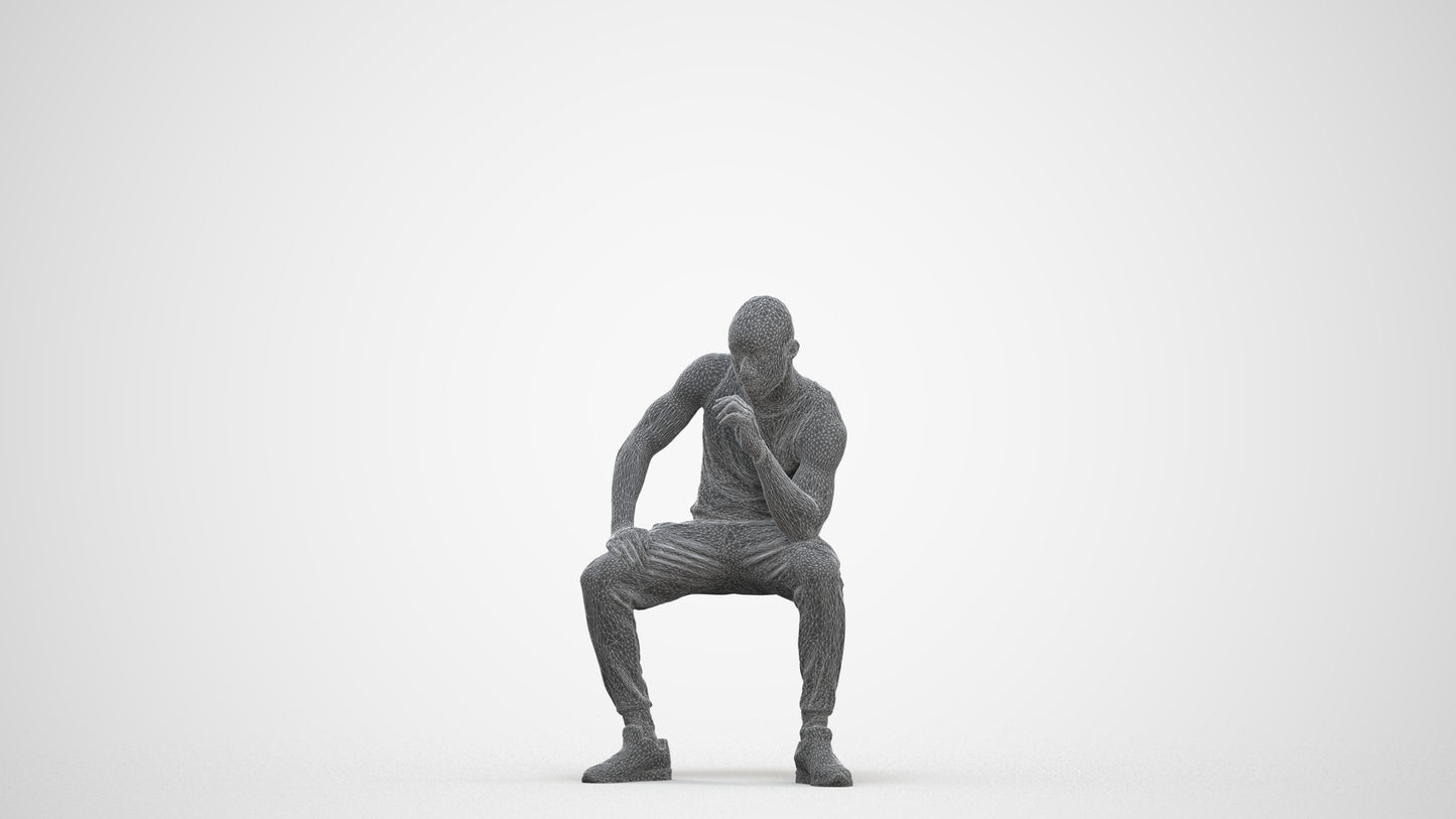 3D human model man casual sitting, photogrammetry scanned person for archviz, three-quarter front view render