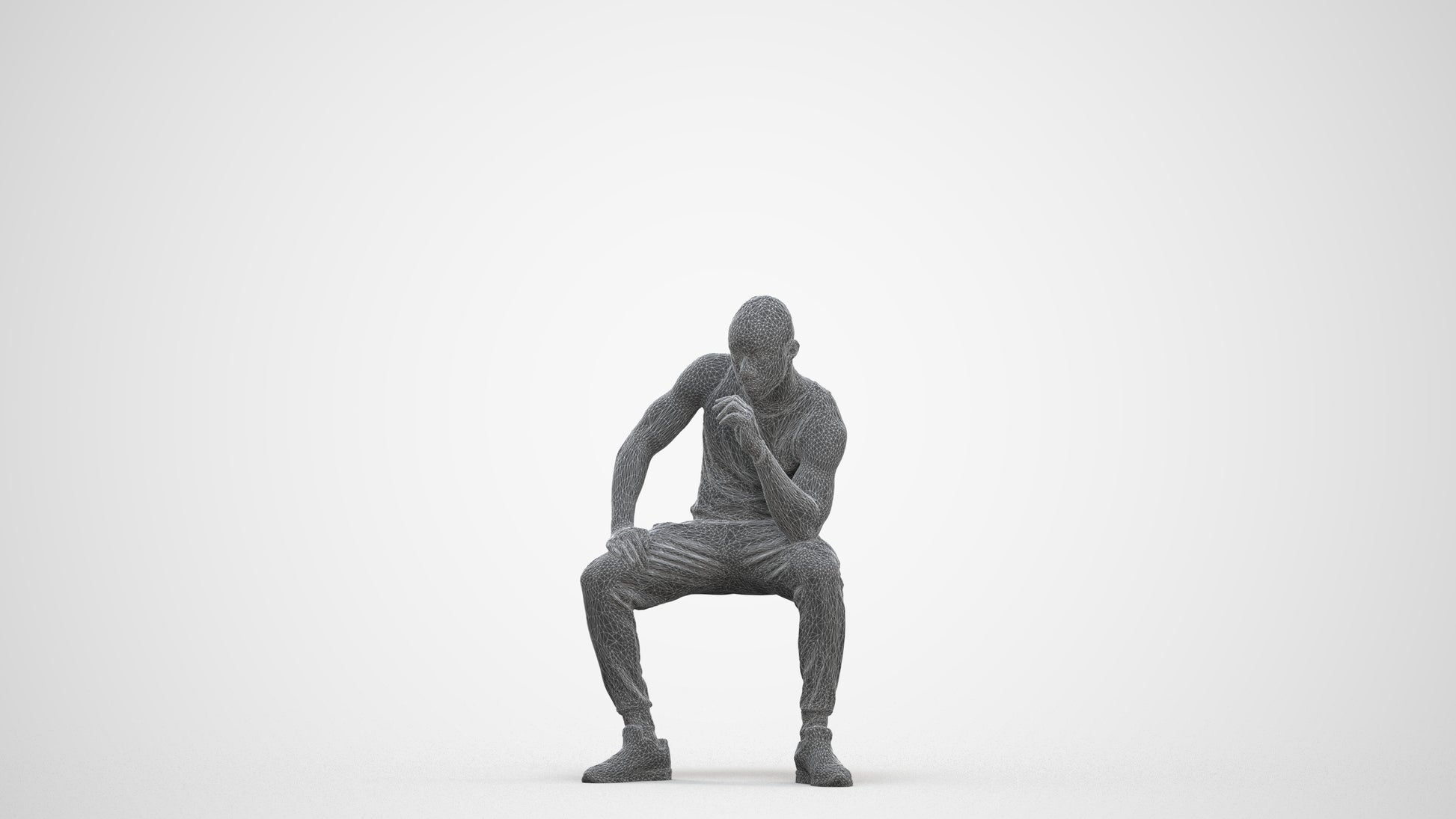 3D human model man casual sitting, photogrammetry scanned person for archviz, three-quarter front view render