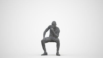 3D human model man casual sitting, photogrammetry scanned person for archviz, three-quarter front view render
