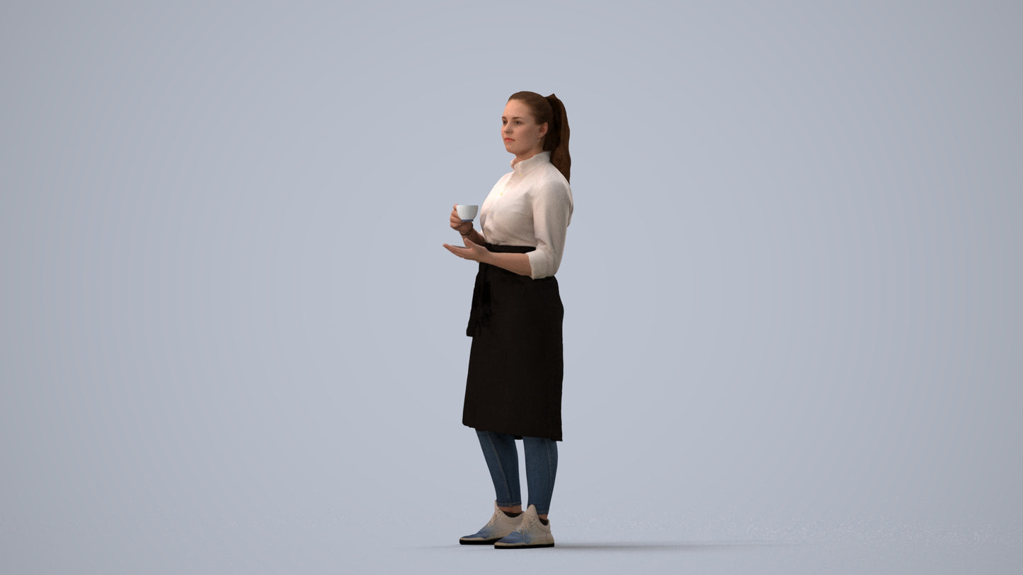 realistic 3D woman hospitality, scanned archviz people for Blender and 3ds Max, three-quarter view render