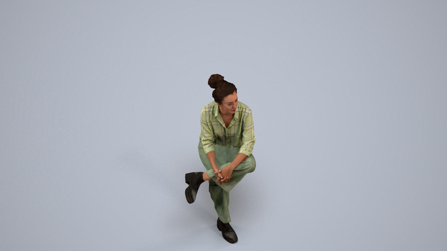 realistic 3D human woman casual sitting, archviz people FBX OBJ for Blender, back view render