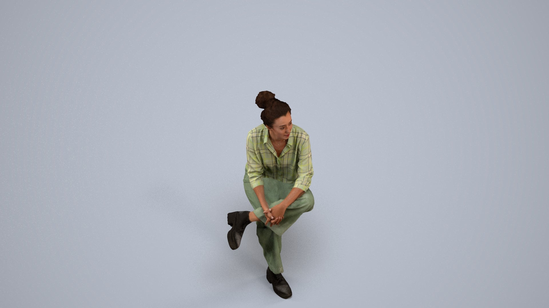 realistic 3D human woman casual sitting, archviz people FBX OBJ for Blender, back view render