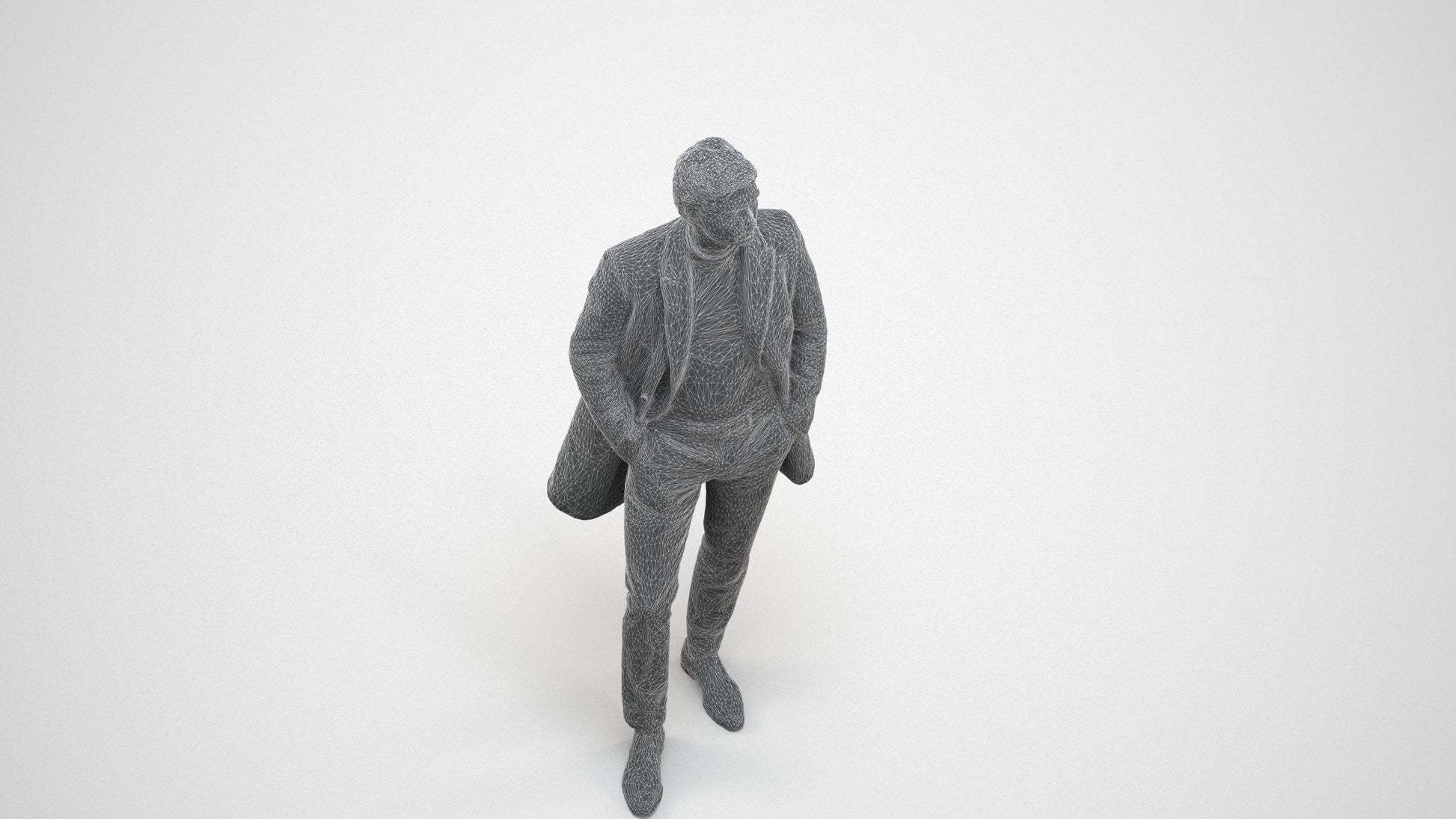 3D scanned man standing business, photorealistic archviz people for Enscape and SketchUp, wireframe three-quarter view