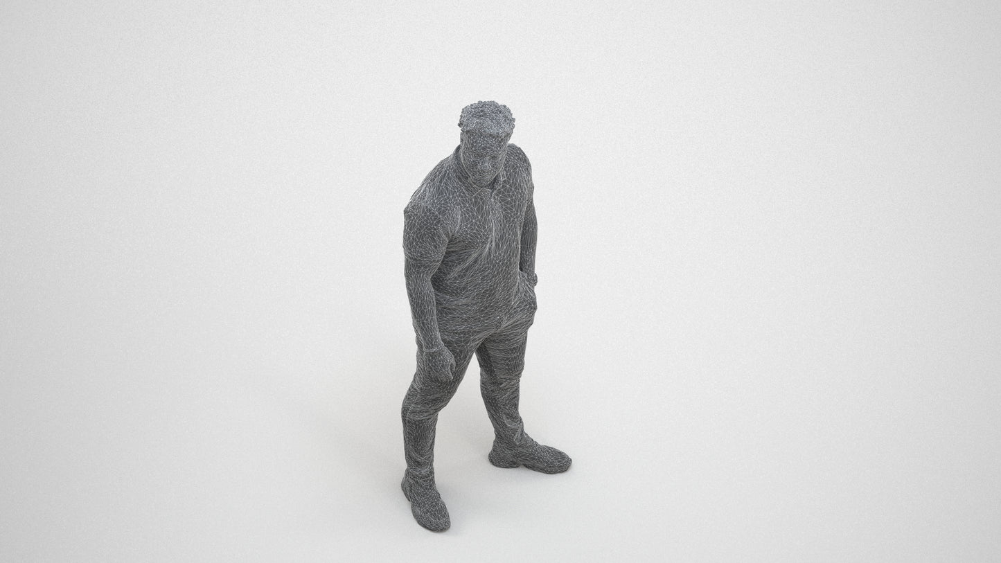 3D human model man casual standing, photogrammetry scanned person for archviz, wireframe three-quarter view