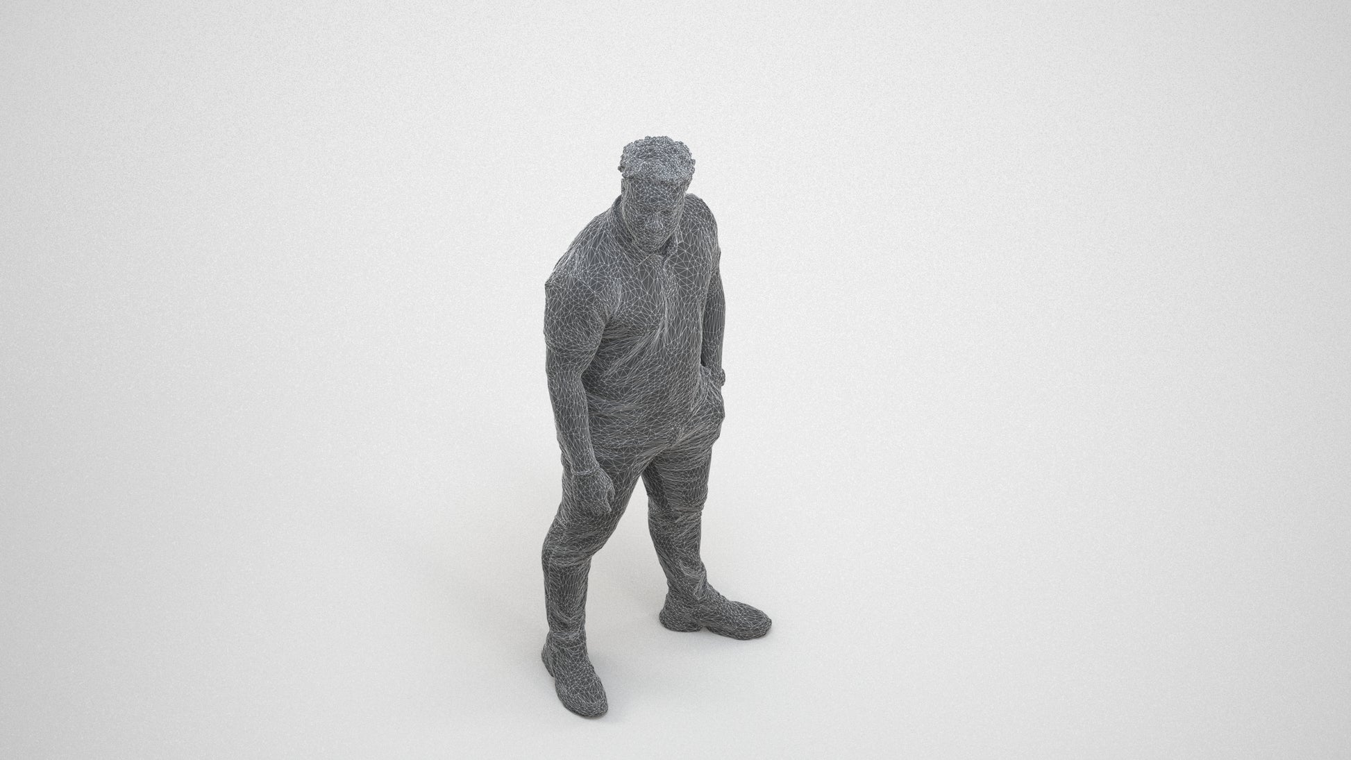 3D human model man casual standing, photogrammetry scanned person for archviz, wireframe three-quarter view