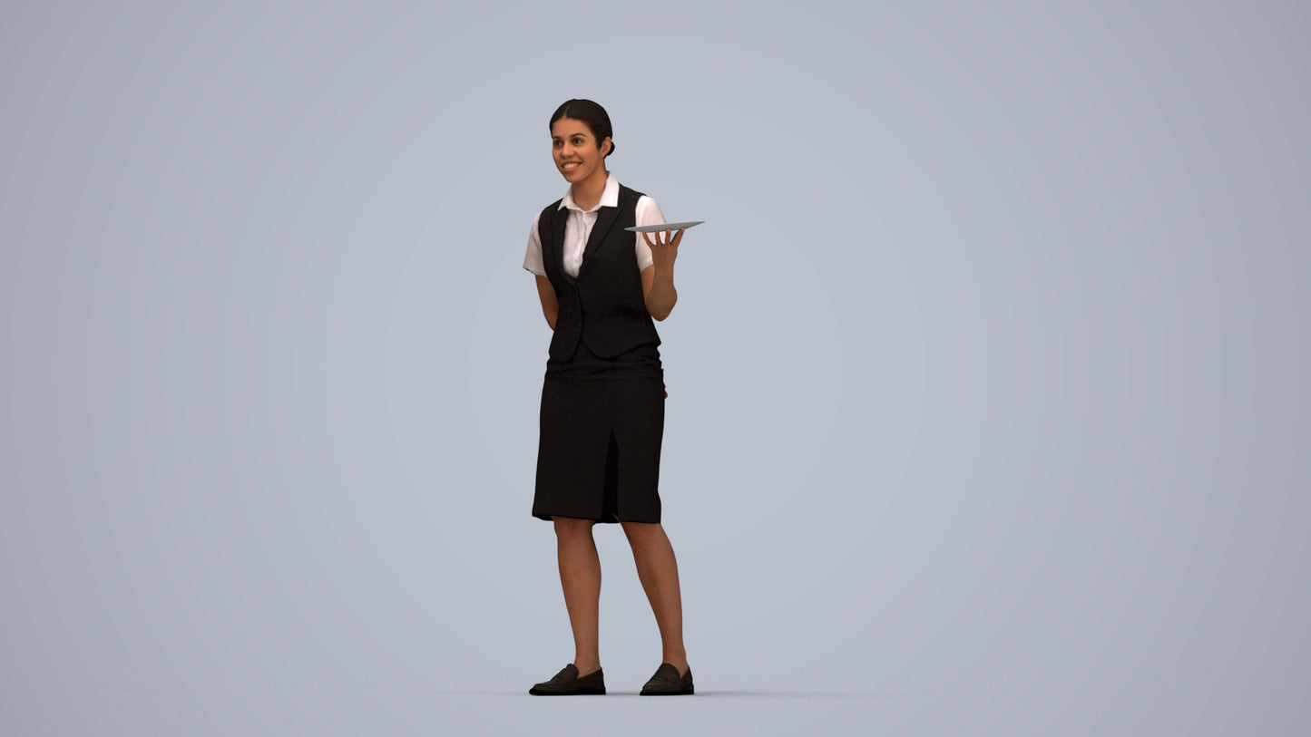 photogrammetry 3D woman hospitality, realistic human model archviz FBX, top-down view render