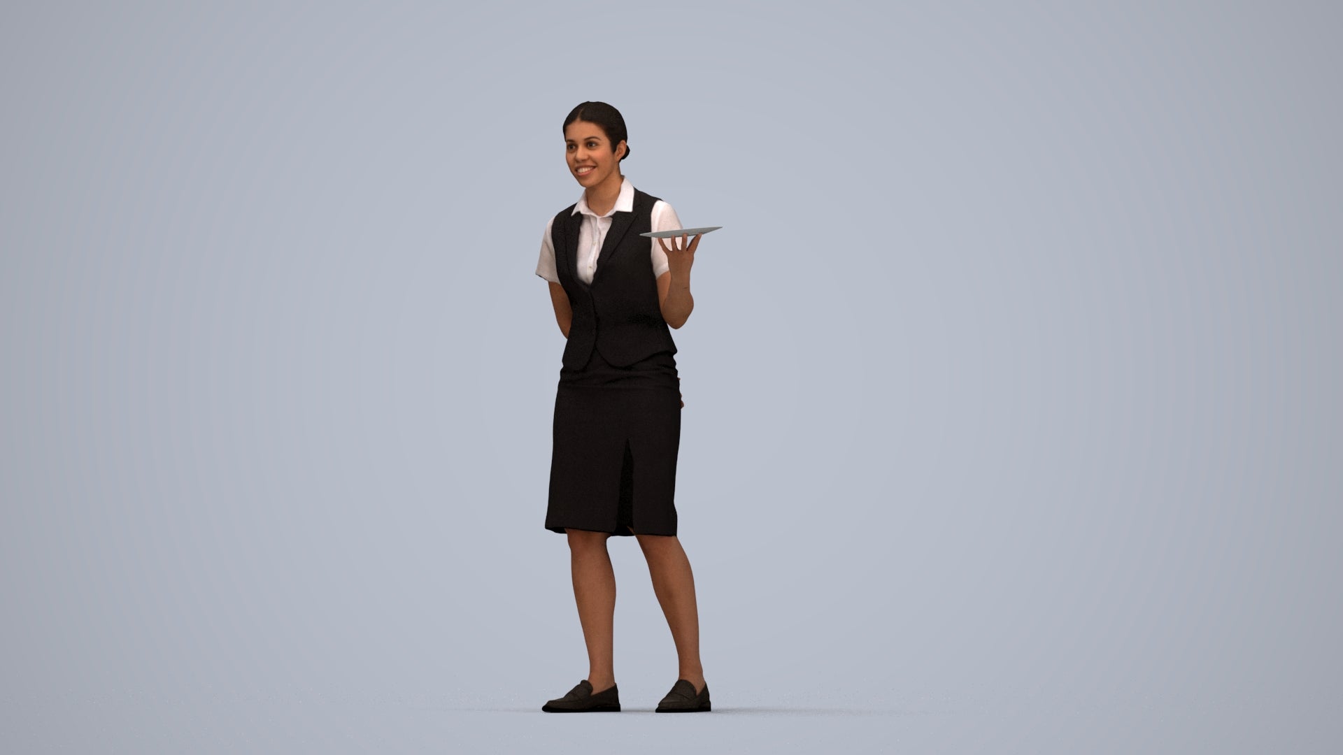 photogrammetry 3D woman hospitality, realistic human model archviz FBX, top-down view render