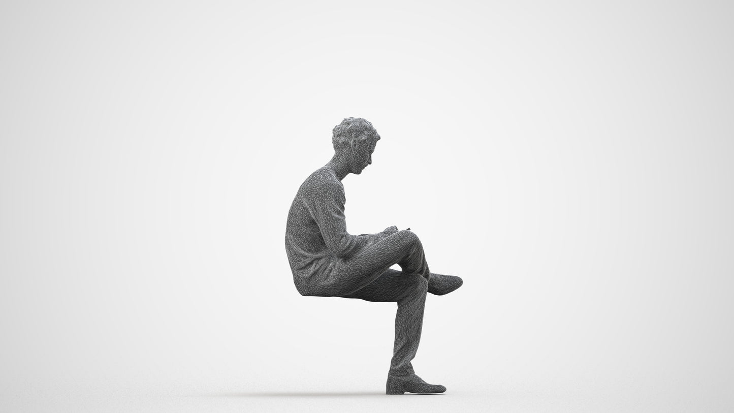 3D scanned man sitting casual, photorealistic archviz people for Enscape and SketchUp, wireframe side view