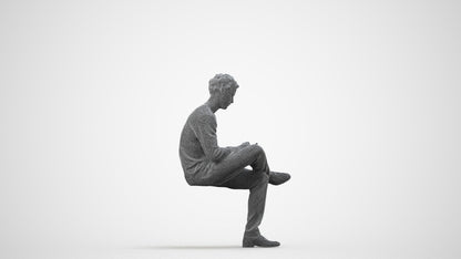 3D scanned man sitting casual, photorealistic archviz people for Enscape and SketchUp, wireframe side view