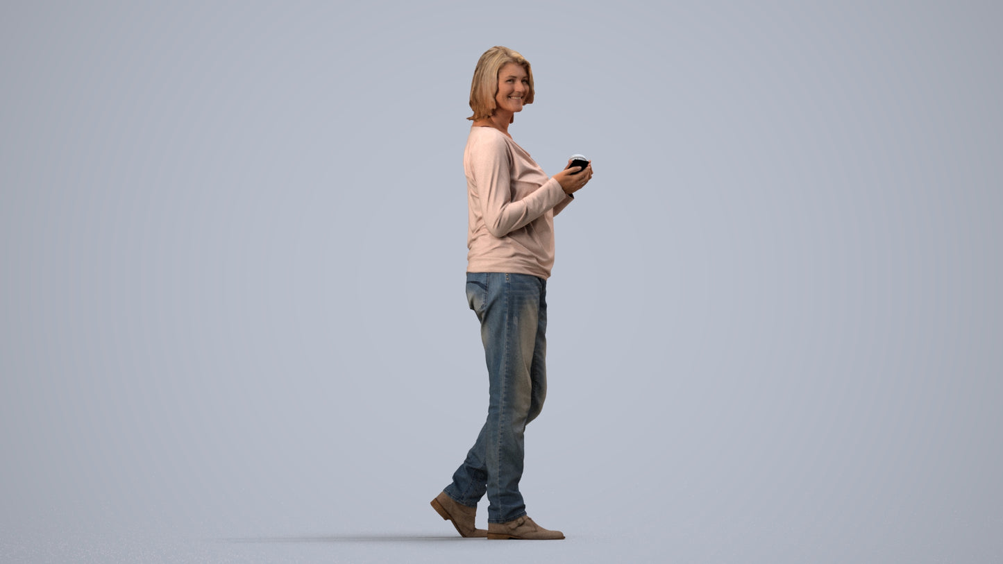 realistic 3D people woman casual walking, render-ready for V-Ray and Corona, FBX OBJ, side view render