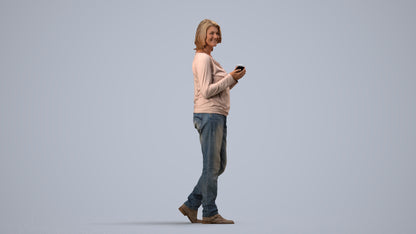 realistic 3D people woman casual walking, render-ready for V-Ray and Corona, FBX OBJ, side view render