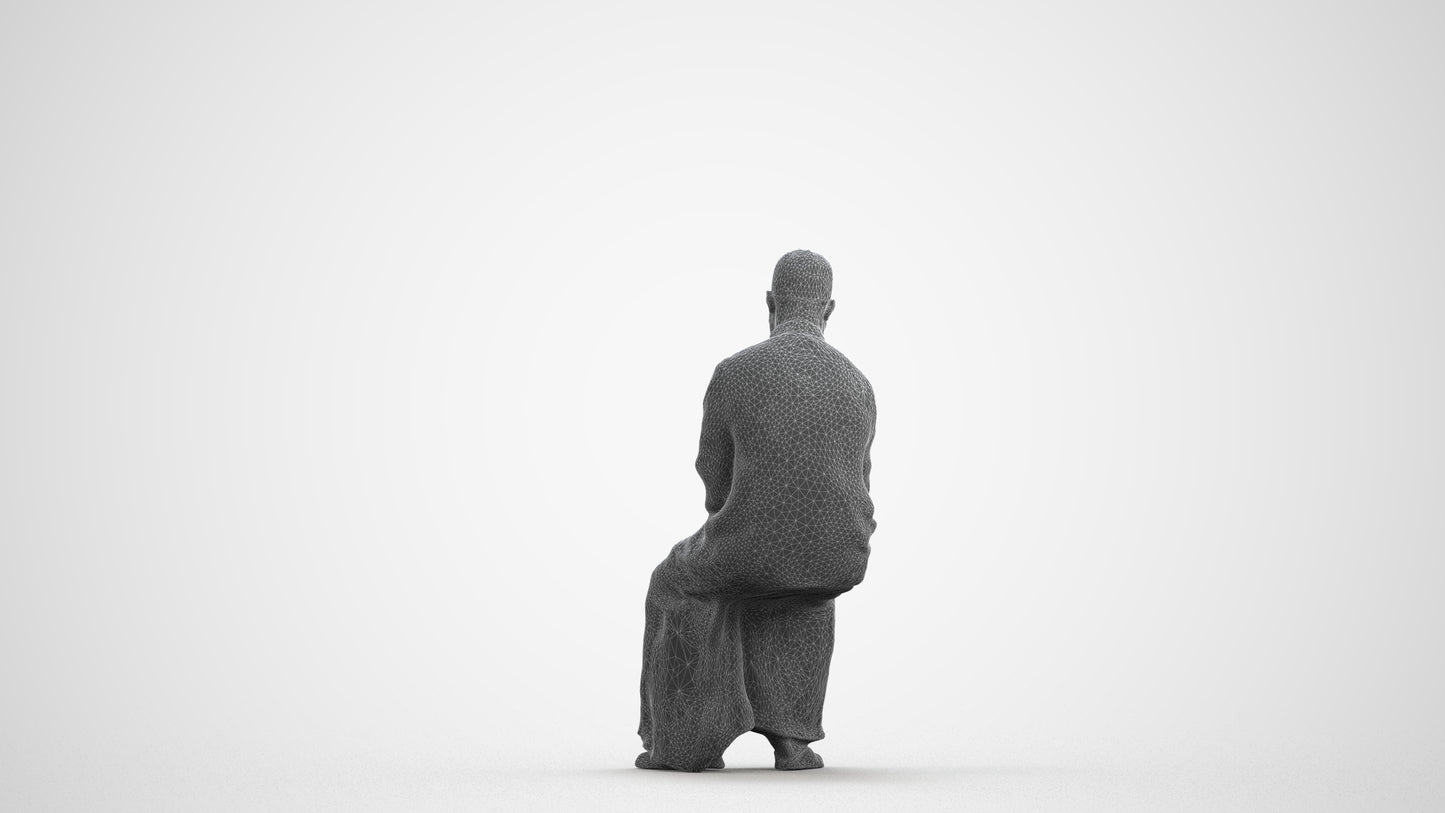 3D people model man sitting, scanned human for 3ds Max rendering, wireframe front view
