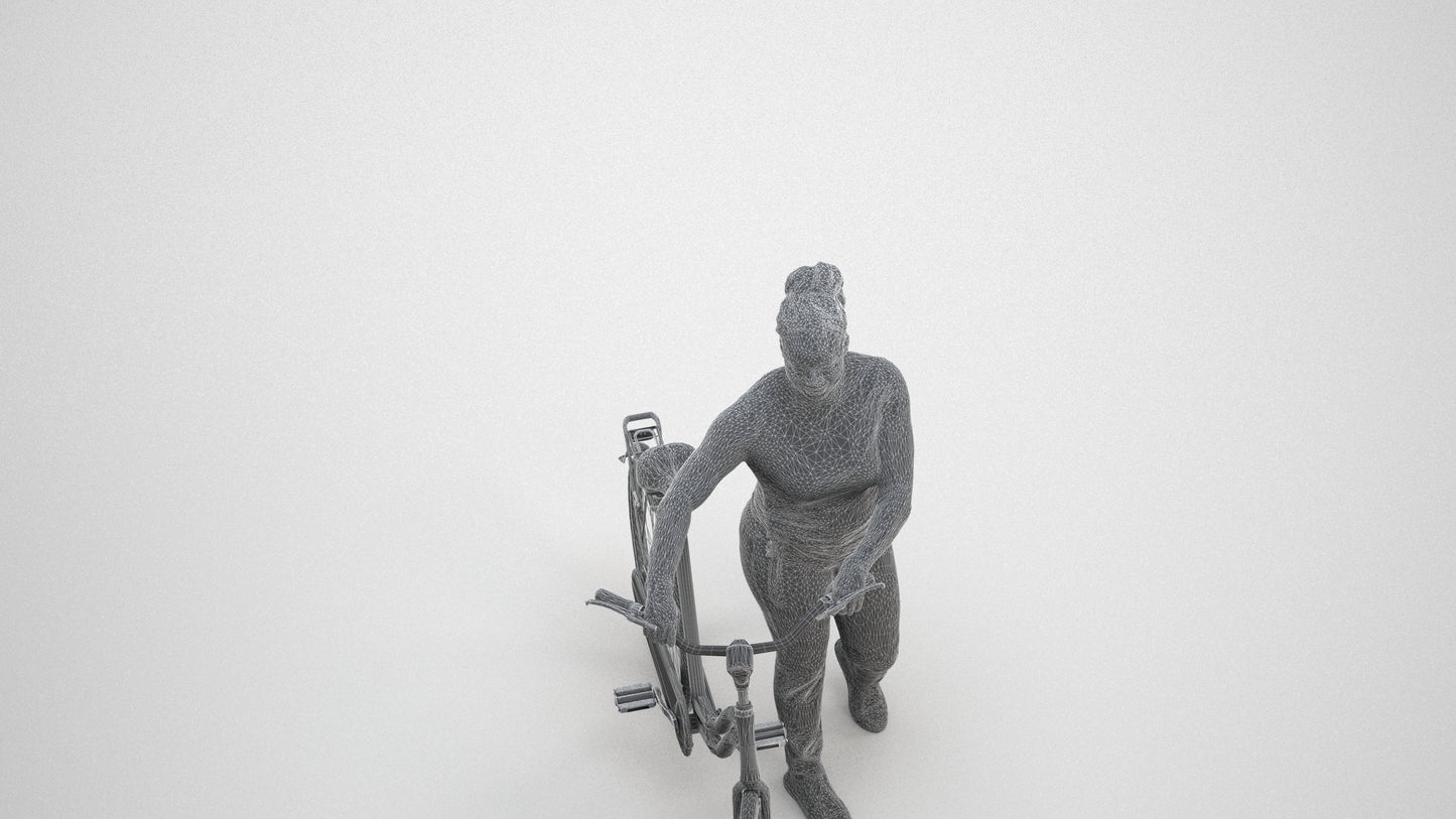 realistic 3D woman casual cycling, scanned archviz people for Blender and 3ds Max, wireframe three-quarter view