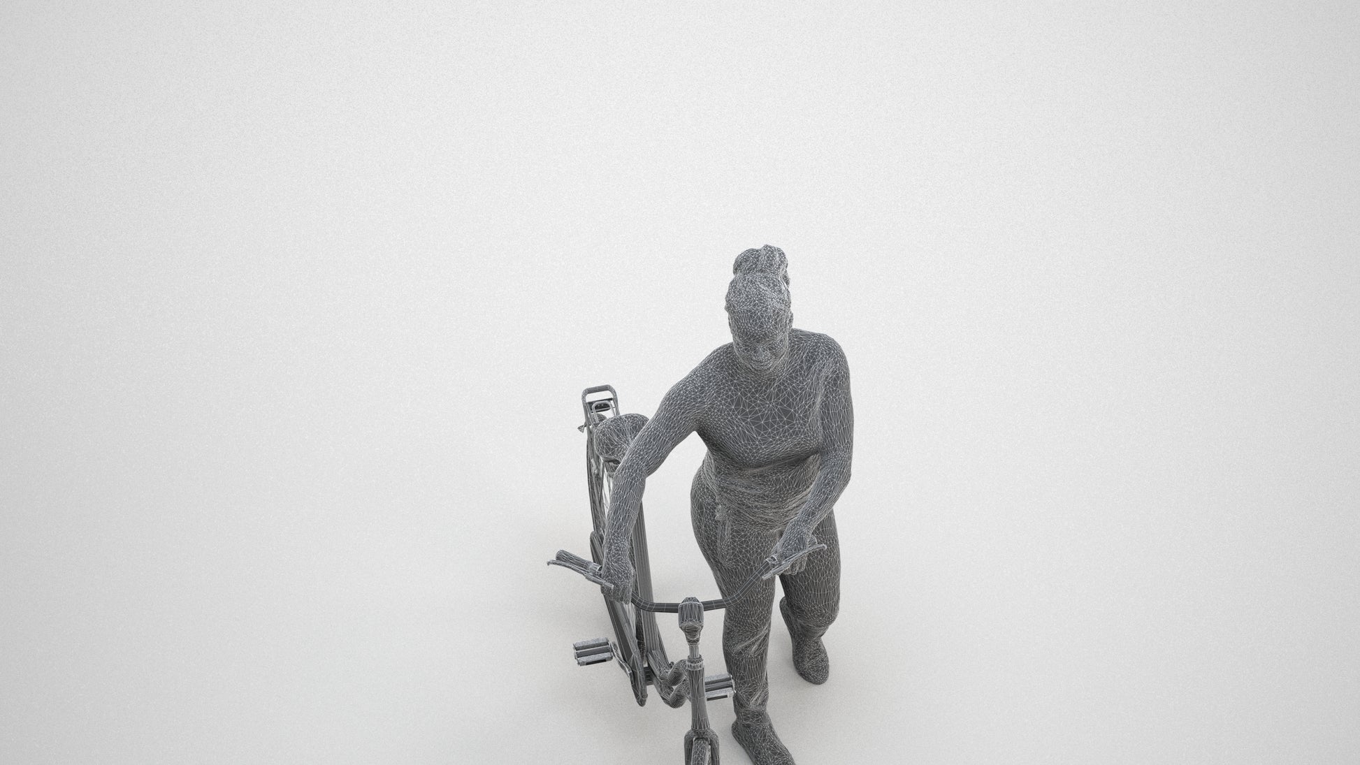 realistic 3D woman casual cycling, scanned archviz people for Blender and 3ds Max, wireframe three-quarter view