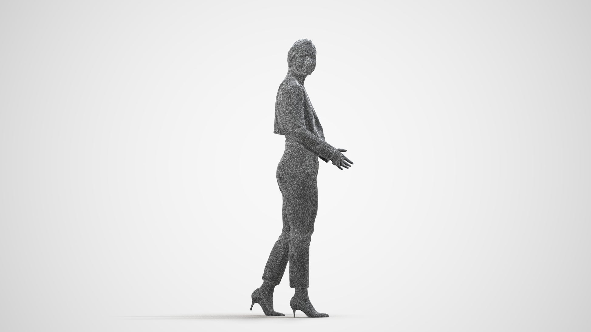 3D people model woman business, scanned human for 3ds Max rendering, wireframe side view