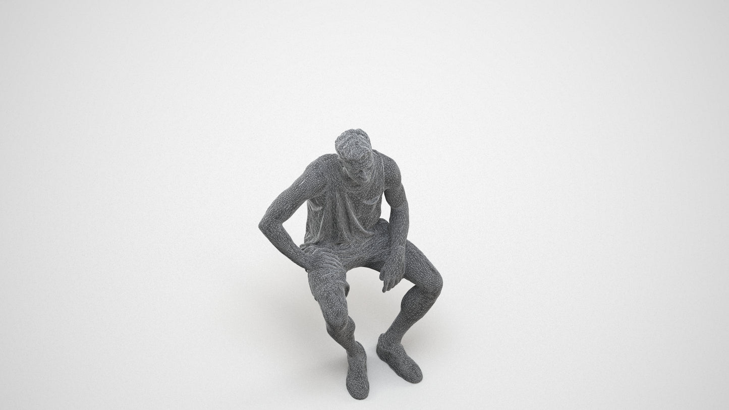 photogrammetry 3D man casual sitting, realistic human model archviz FBX, wireframe three-quarter view