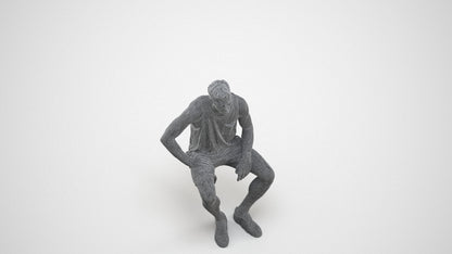 photogrammetry 3D man casual sitting, realistic human model archviz FBX, wireframe three-quarter view