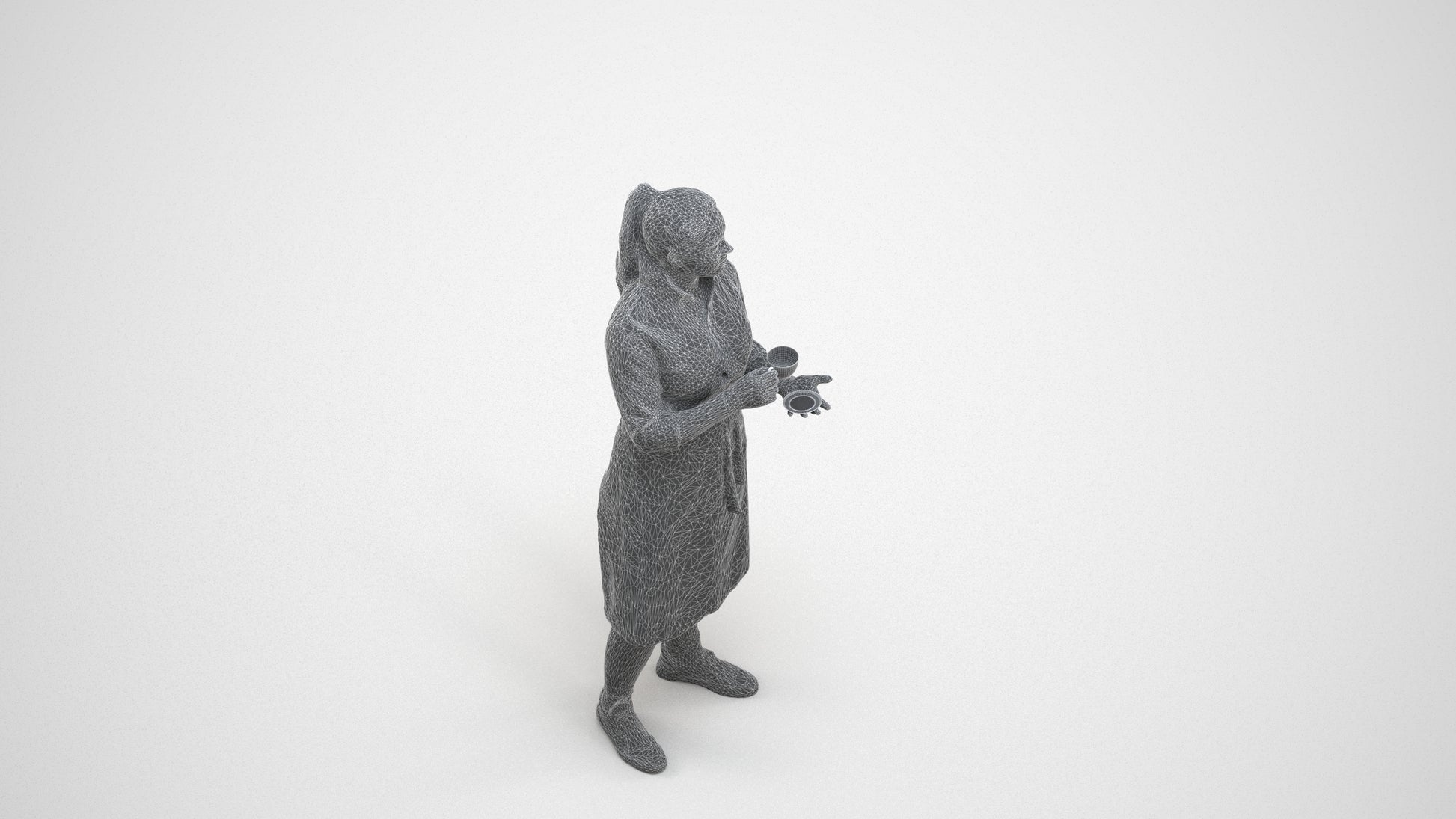 realistic 3D woman hospitality, scanned archviz people for Blender and 3ds Max, wireframe three-quarter view