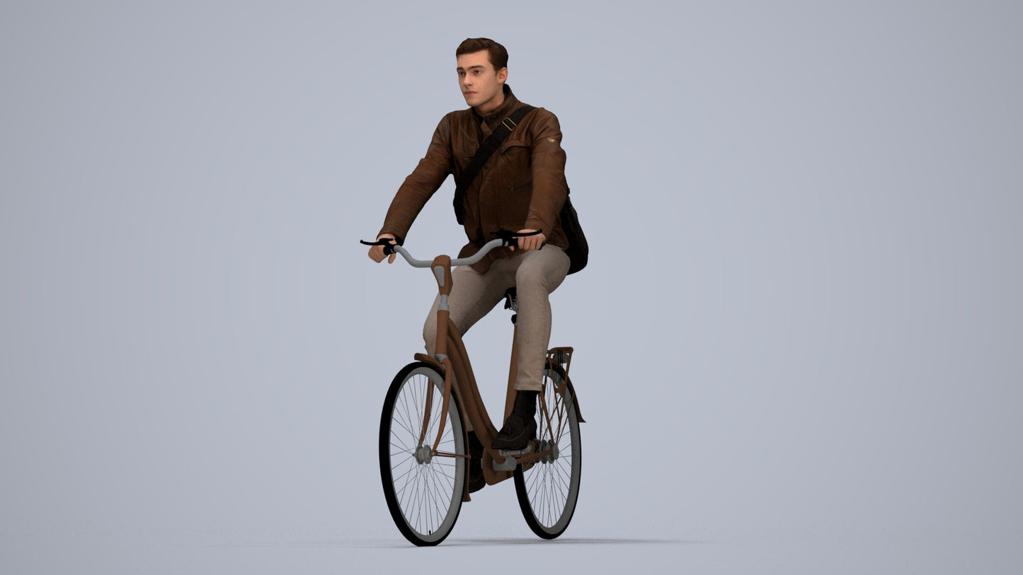 realistic 3D man casual cycling, scanned archviz people for Blender and 3ds Max, top-down view render