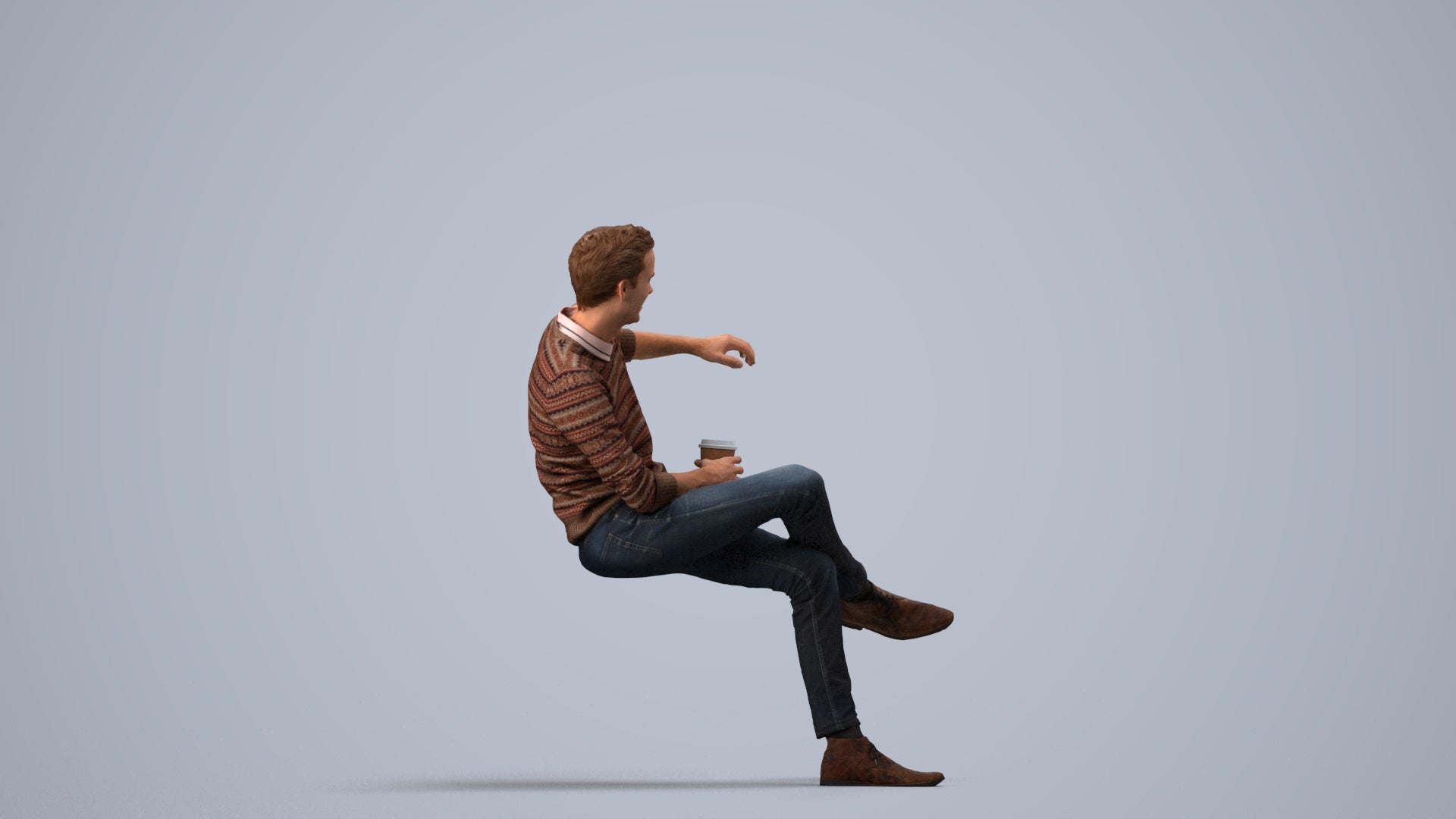 scanned 3D man casual sitting, photogrammetry people for Enscape and V-Ray, side view render