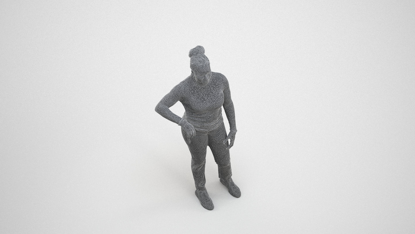 scanned 3D woman casual standing, photogrammetry people for Enscape and V-Ray, wireframe three-quarter view