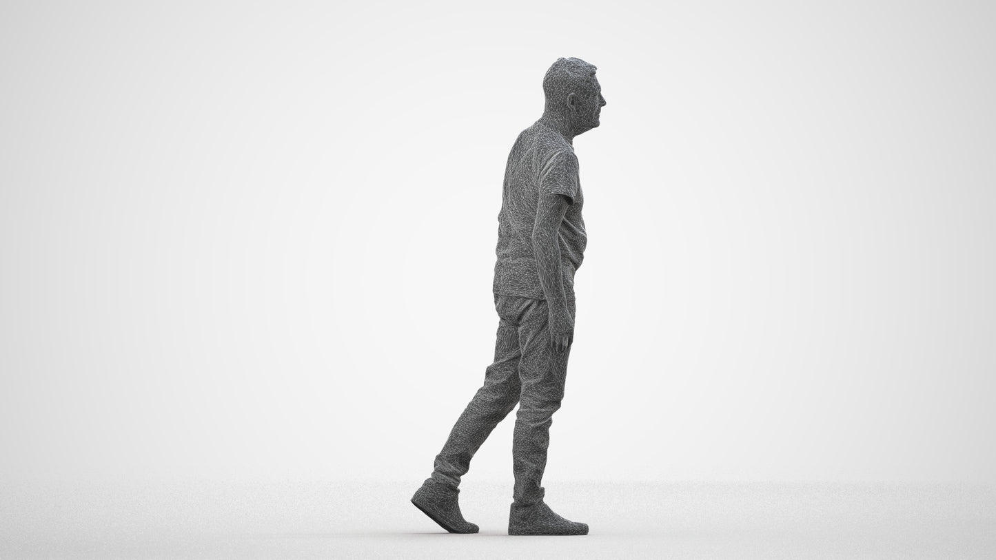 realistic 3D senior man casual walking, scanned archviz people for Blender and 3ds Max, wireframe side view