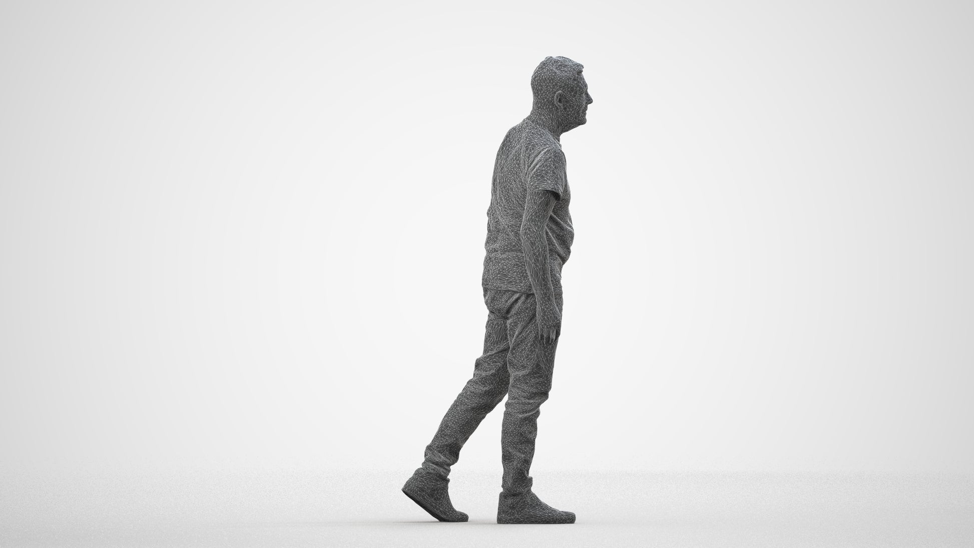 realistic 3D senior man casual walking, scanned archviz people for Blender and 3ds Max, wireframe side view