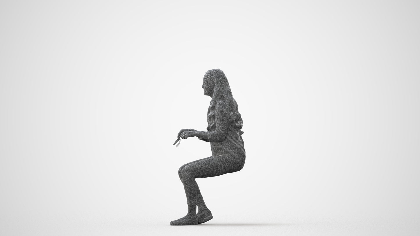 scanned 3D woman casual sitting, photogrammetry people for Enscape and V-Ray, square thumbnail
