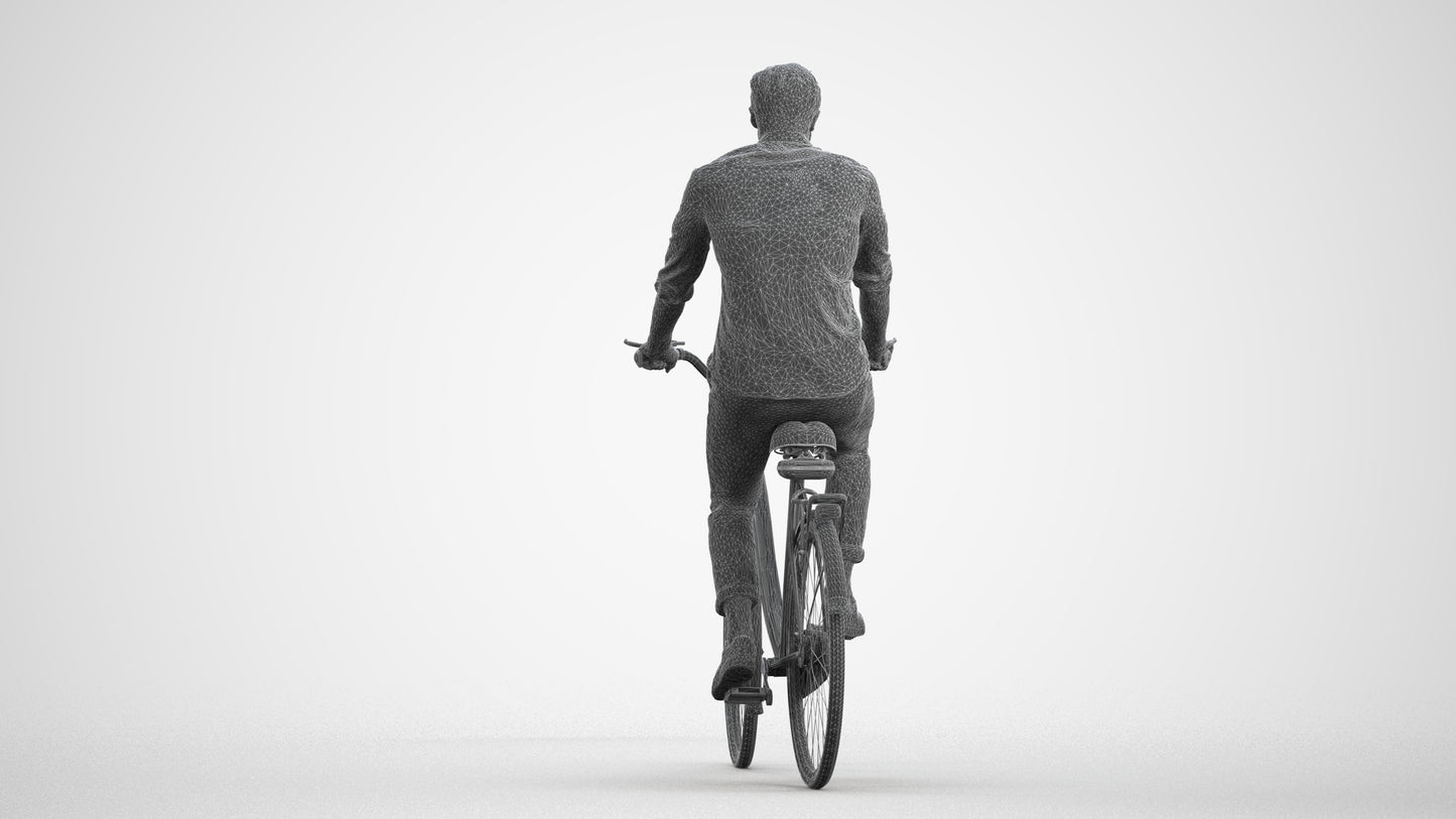 realistic 3D man casual cycling, scanned archviz people for Blender and 3ds Max, wireframe front view