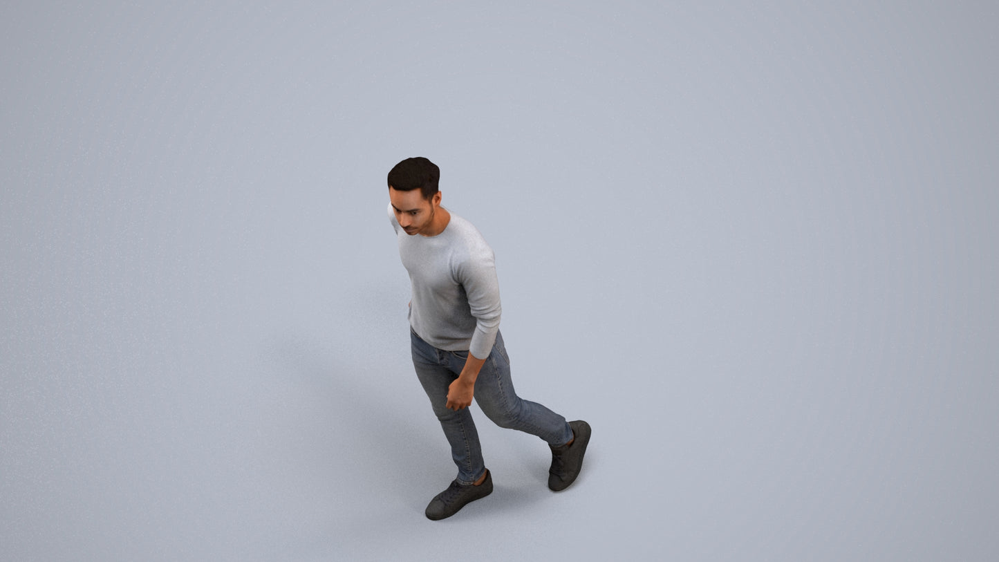 3D human model man casual walking, photogrammetry scanned person for archviz, back view render