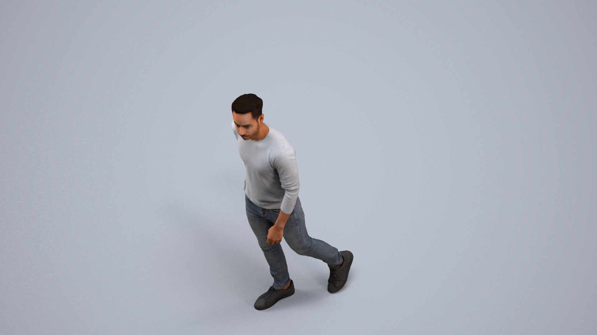 3D human model man casual walking, photogrammetry scanned person for archviz, back view render