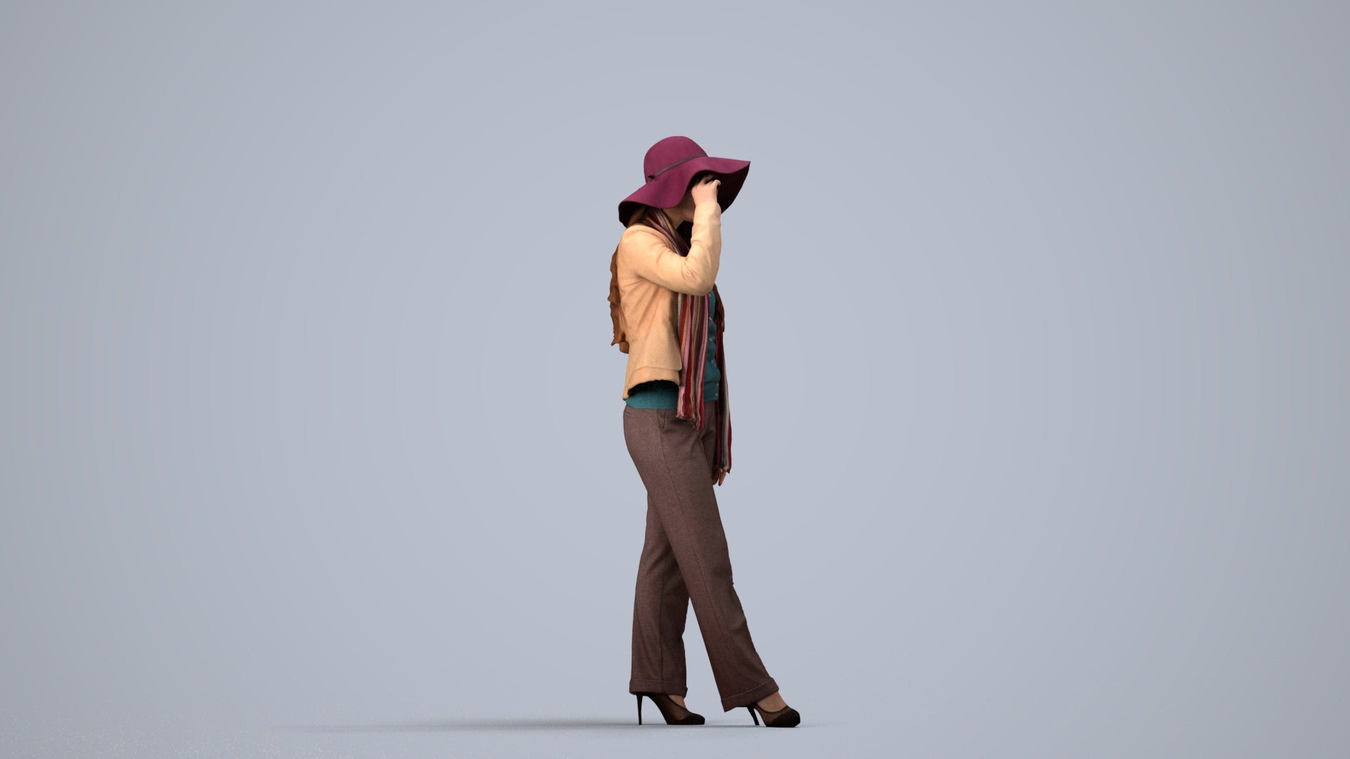 realistic 3D people woman casual standing, render-ready for V-Ray and Corona, FBX OBJ, side view render