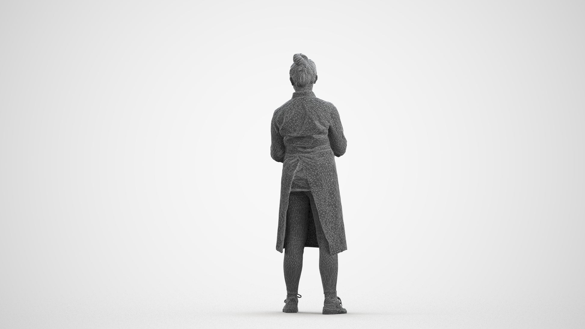 3D human model woman standing, photogrammetry scanned person for archviz, wireframe front view